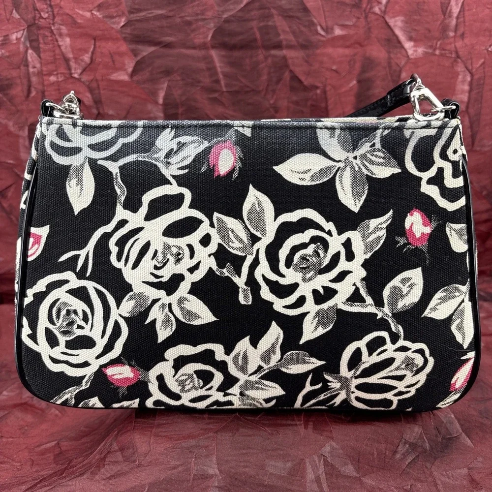 Vintage Lulu Guinness Black White Pink Rosebud Print Baguette Style Handbag  EUC